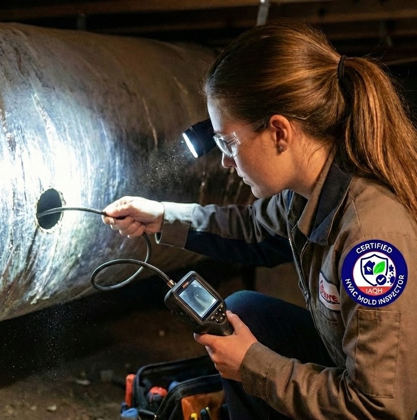 HVAC technician inspecting HVAC equipment for hidden mold