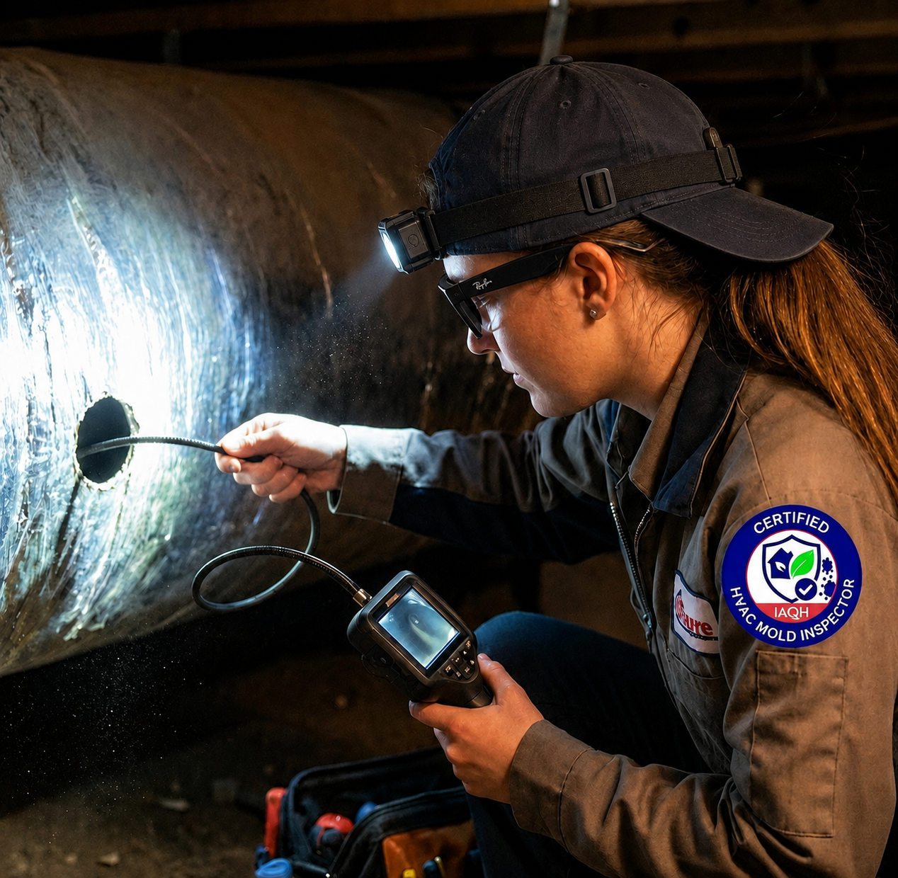 Certified inspector using a borescope to examine the inside of an HVAC duct