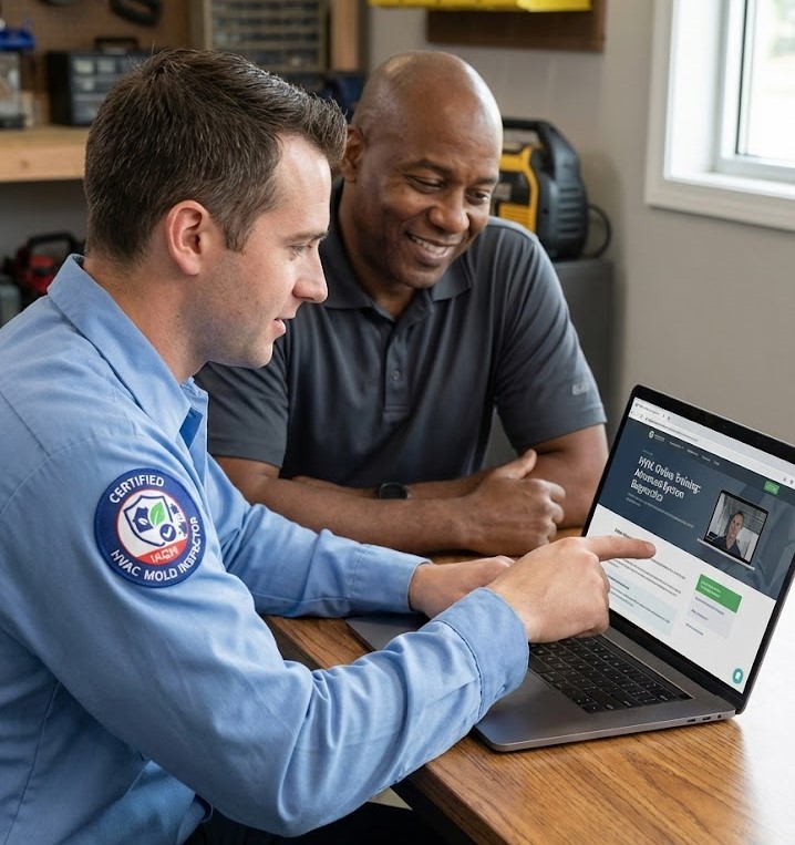 HVAC technicians reviewing IAQ Health certification training on a laptop