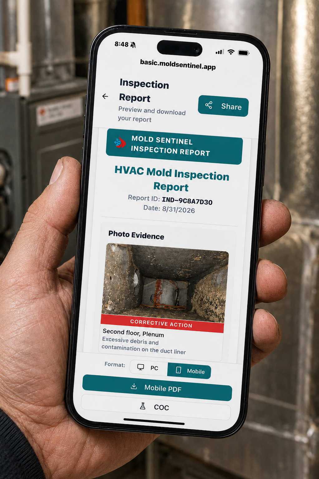 Hand holding a phone showing the Mold Sentinel HVAC Mold Inspection Report with photo evidence and corrective action