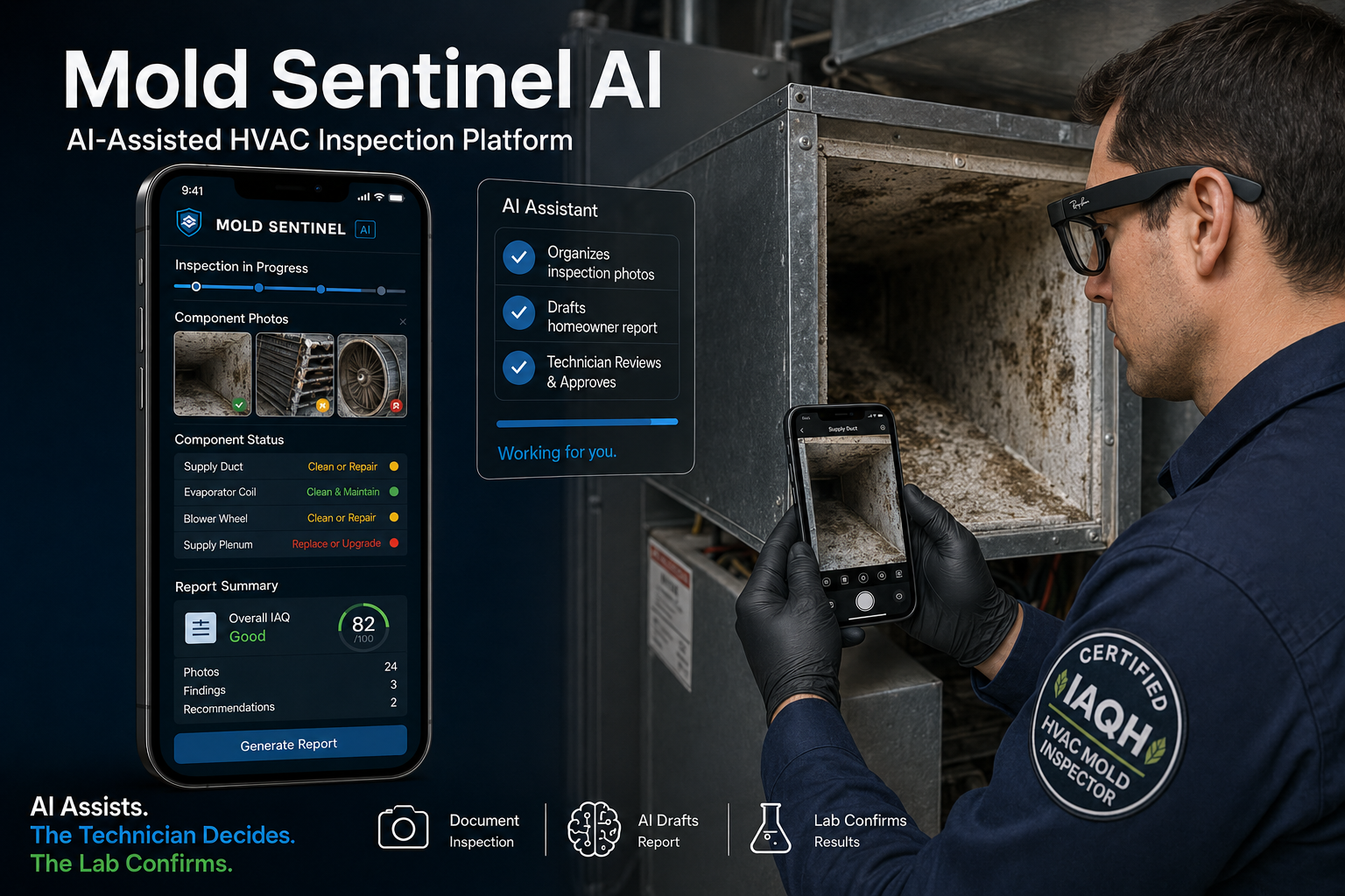 Mold Sentinel AI app hero showing phone mockup and certified HVAC mold inspector