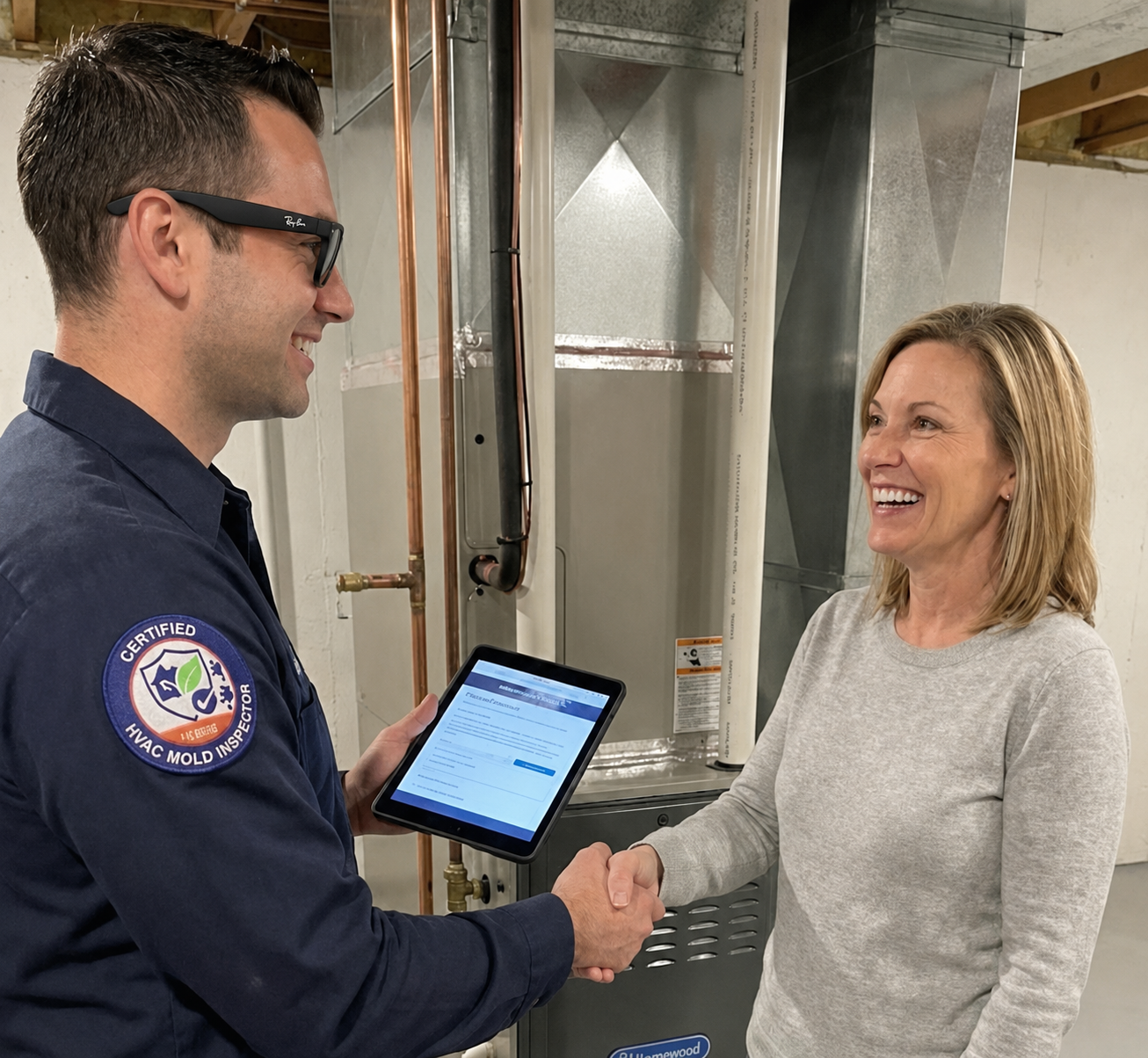 Certified HVAC mold inspector reviewing a report on a tablet with a homeowner