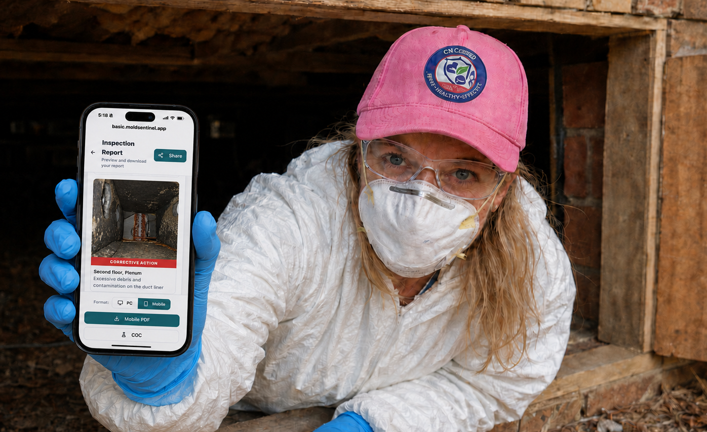Certified Mold Sentinel inspector in protective gear holding a phone showing a Mold Sentinel inspection report