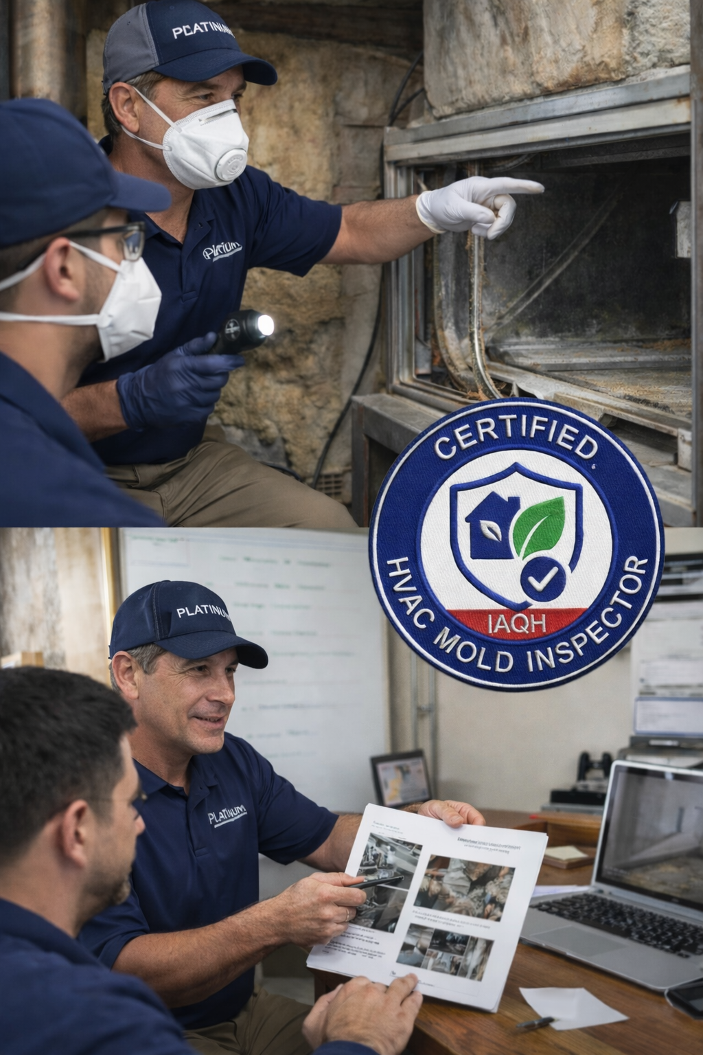 HVAC technicians inspecting a commercial air handler for mold and reviewing an inspection report, with the Certified HVAC Mold Inspector badge.