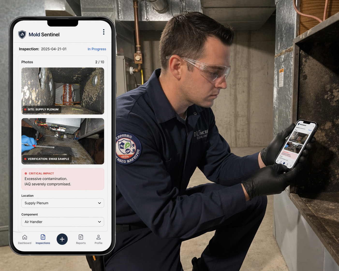HVAC technician using the Mold Sentinel app to document mold in ductwork