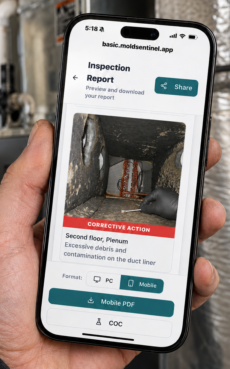 Hand holding a phone showing the Mold Sentinel Inspection Report with photo evidence and corrective action